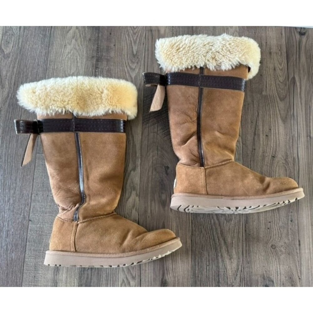 Ugg Genevieve Extra Tall Suede Shearling Boots Bow Back Chesnut Tan Women's 8